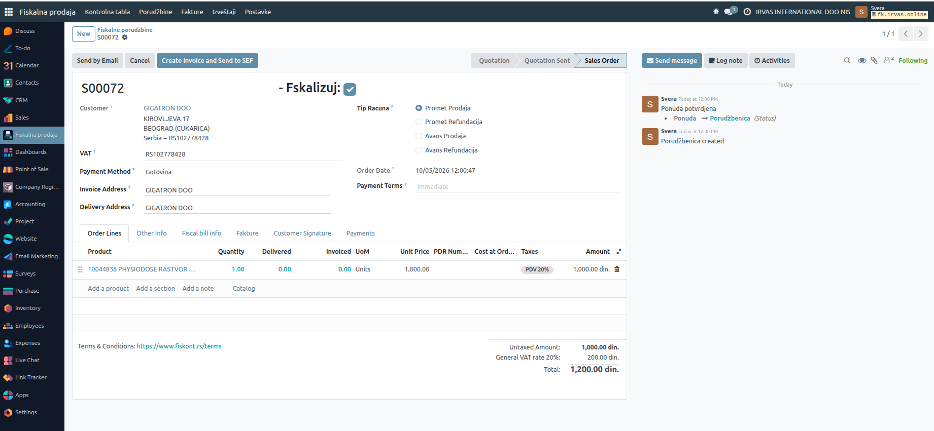 Integracija Odoo Svera za Fiskalne račune